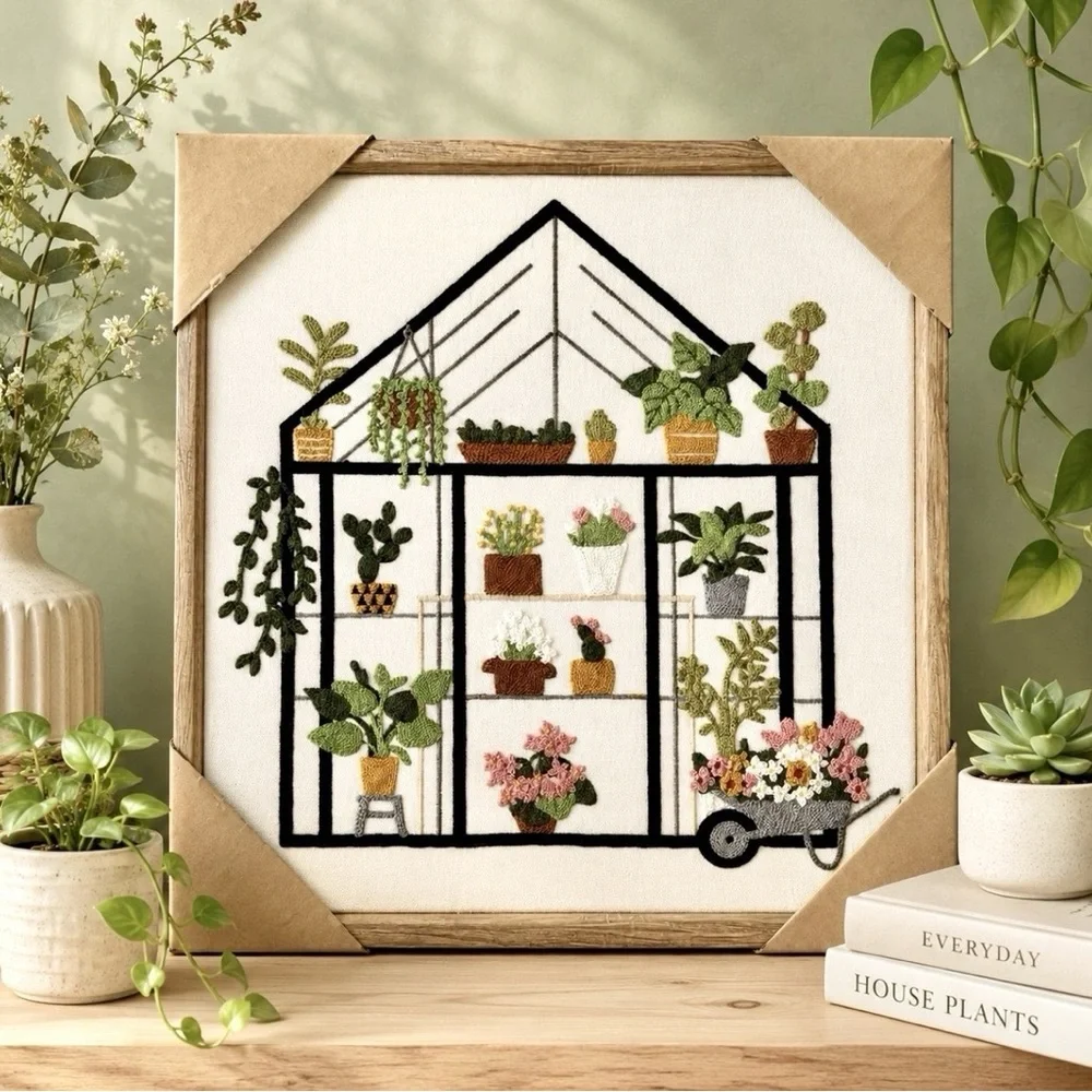 BP HOME-Green Botanical Greenhouse Embroidered Woven Wall Art -